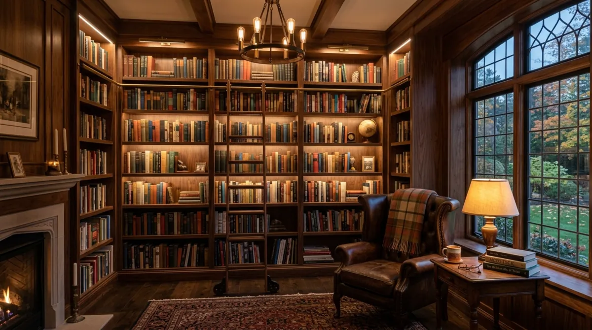 Cozy home library with floor-to-ceiling wooden shelves, rolling ladder, leather armchair, and warm reading light.